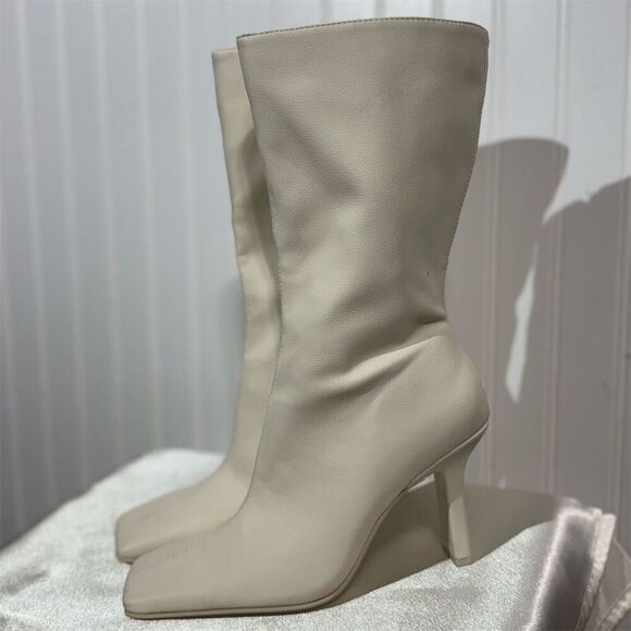 Oak + Fort Cream Mid Calf Heeled Boots Women’s 7 Square Toe Minimalist Y2K - Picture 2 of 10
